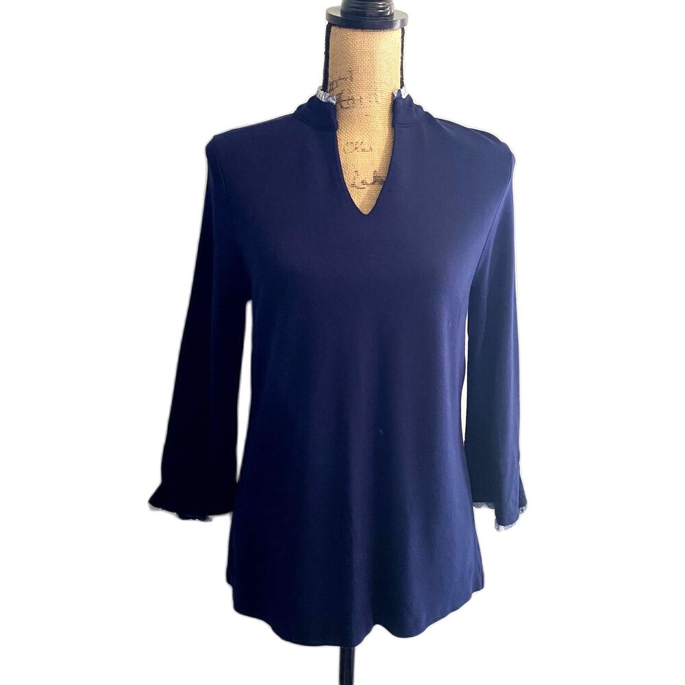 Crown & Ivy Navy Blue Ruffle Popover Blouse Gingham Trim 3/4 Sleeve Size Small